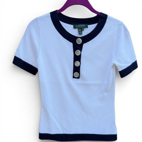 Lauren Ralph Lauren Tops - Lauren Ralph Lauren White Short Sleeve Henley Tee with Navy Trim